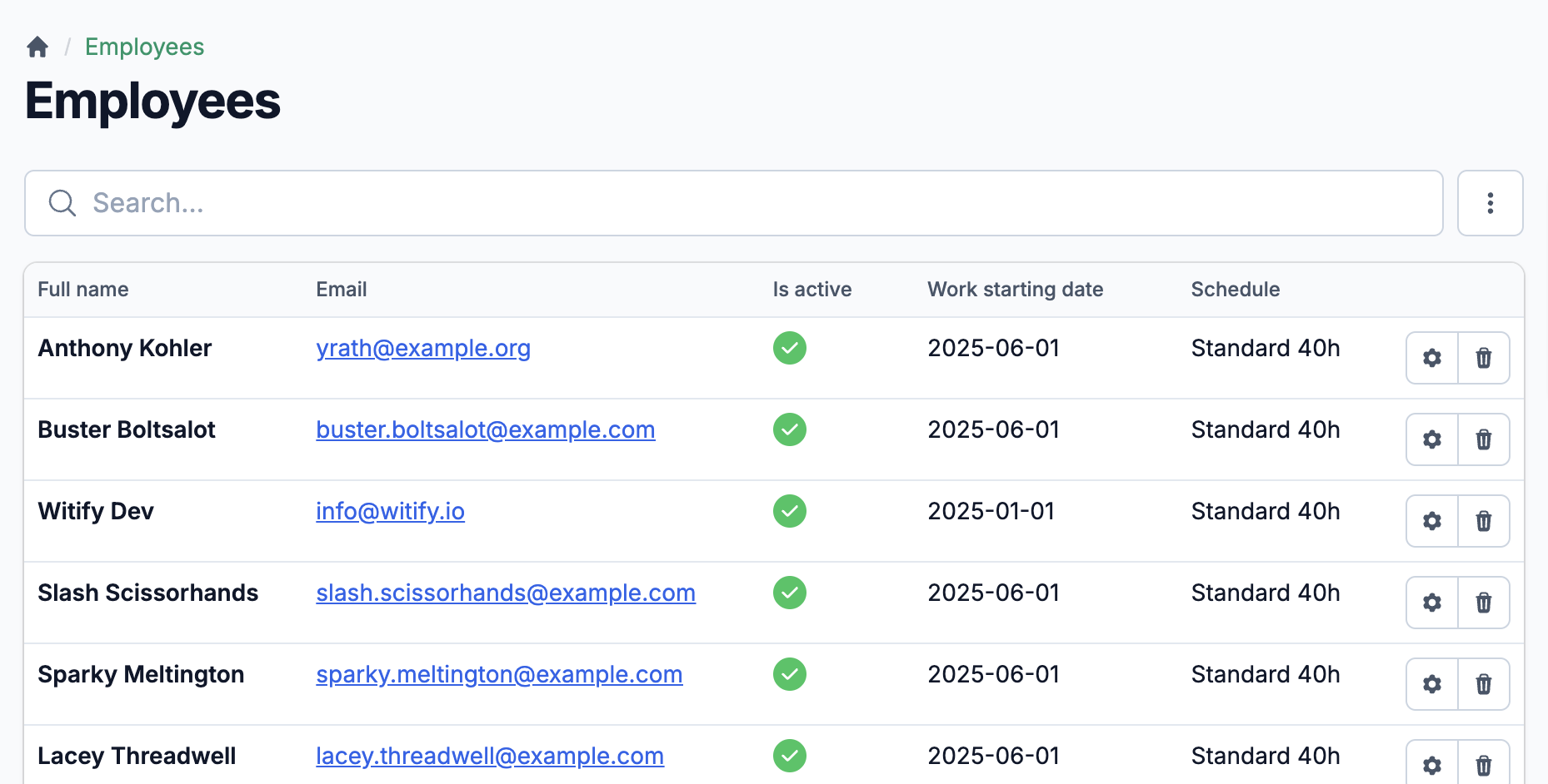 Liste de contacts montrant les contacts à travers les clients et fournisseurs avec badges de rôle, courriel, téléphone et assignations d'emplacement