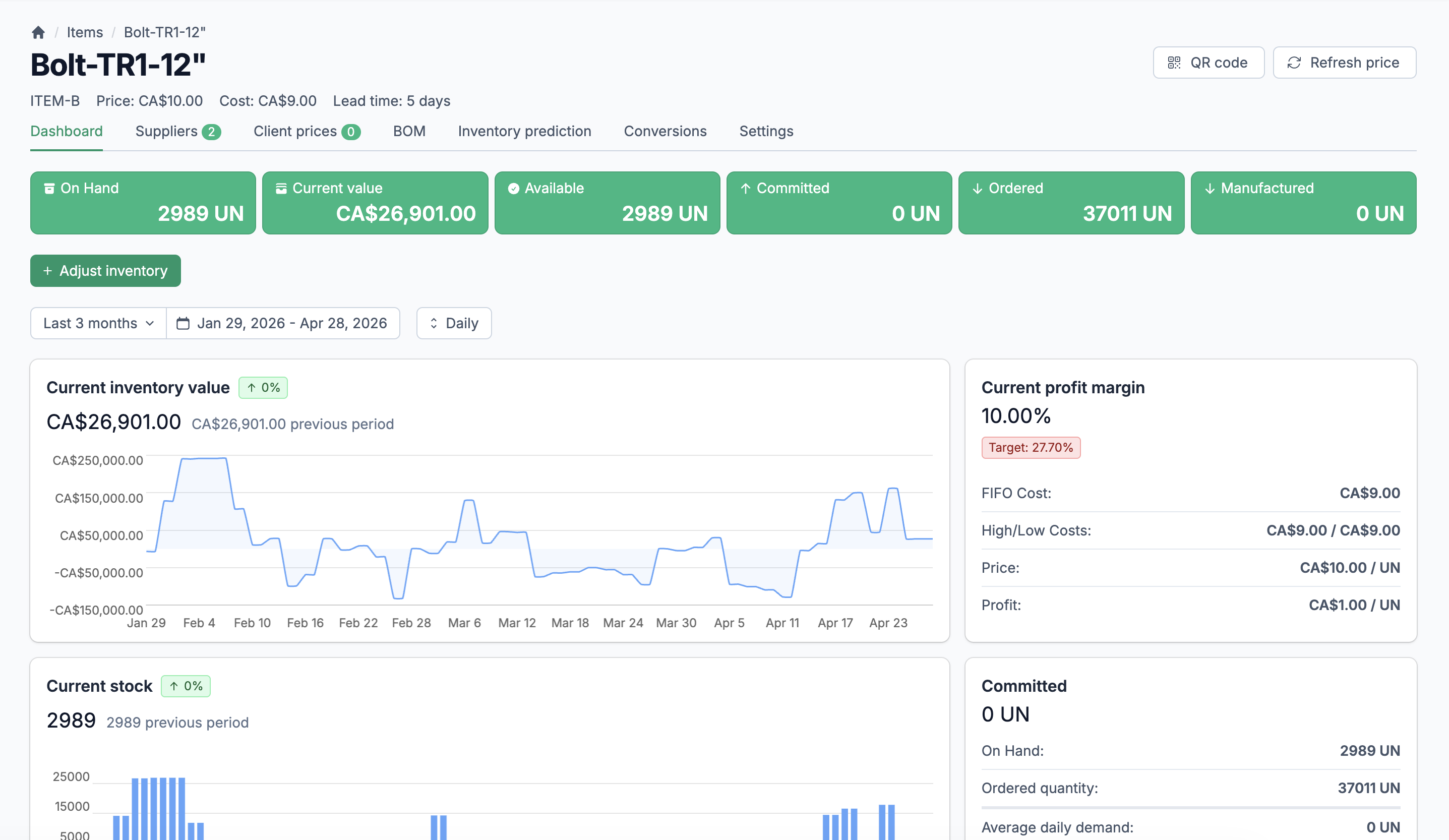 Vue détaillée d'un article montrant les quantités en stock, engagées, attendues en entrée, attendues en sortie et en cours dans plusieurs entrepôts, avec chronologie des mouvements