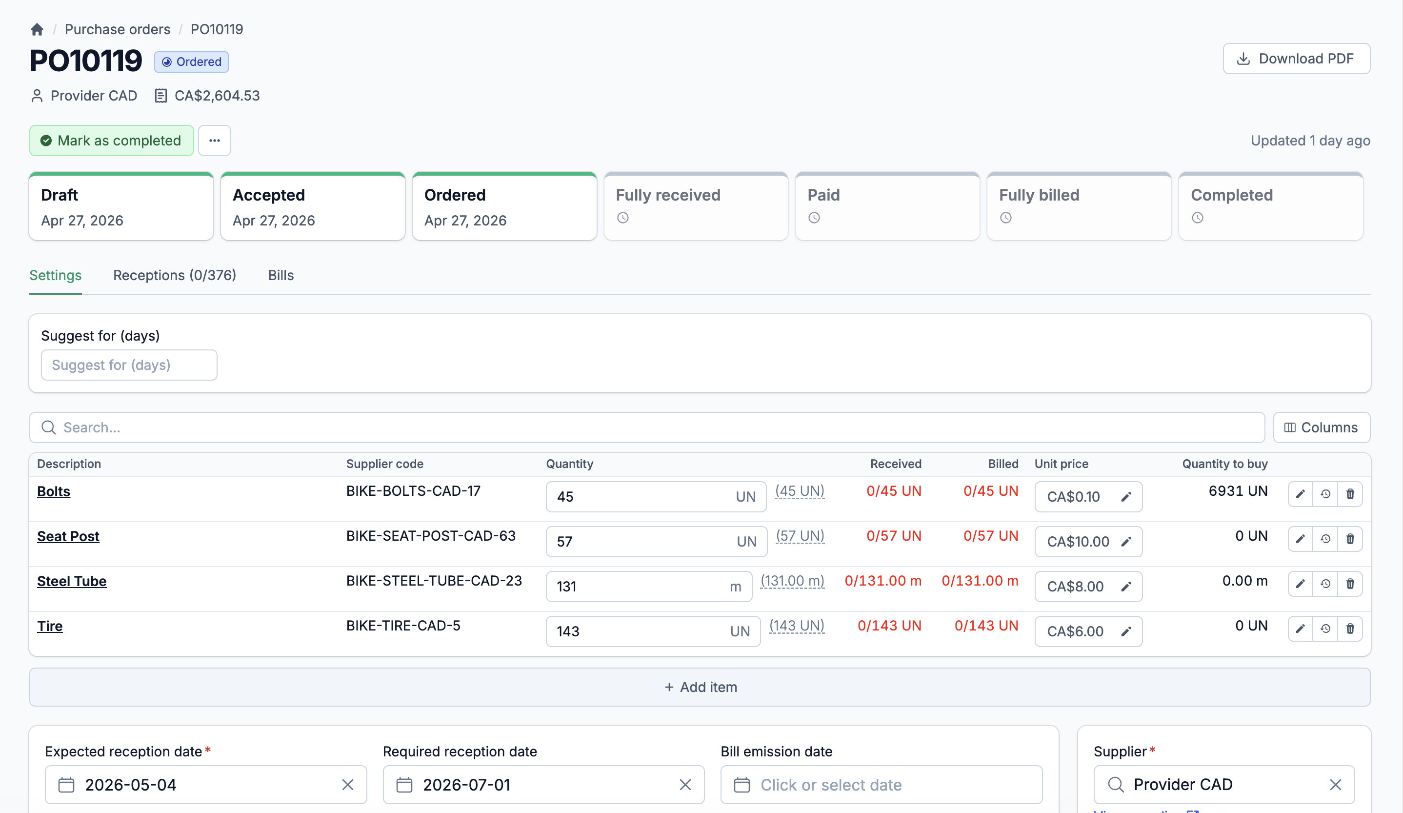 Vue détaillée d'un bon de commande montrant le flux de statut, les lignes avec quantités et prix, la progression de la réception et les infos du fournisseur